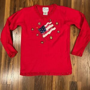 Quacker Factory Women's Sweater Size XS Ramie Sequin USA Flag Bead